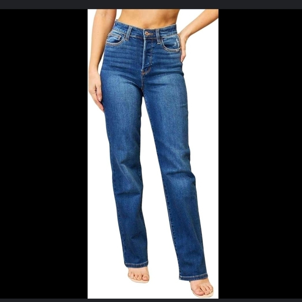 NWT Judy Blue Dad Jeans High Waisted Button Fly Straight Leg Stone Wash Blue 22W